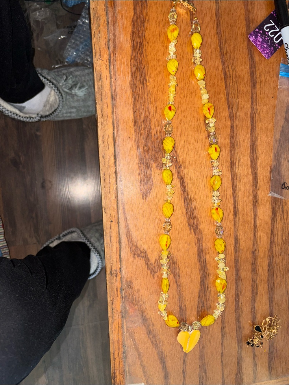 Handcrafted Yellow Bead Heart Pendant Necklace16 1/2 inches